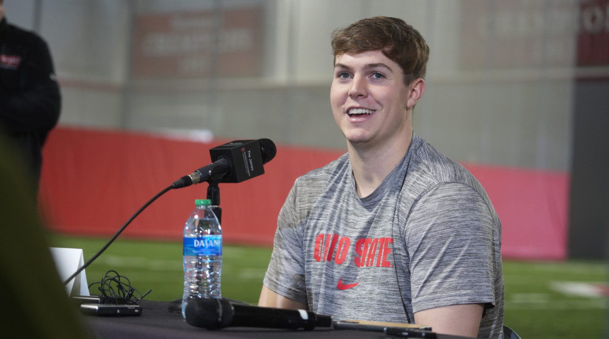 Quarterback Will Howard speaks to members of the Ohio State media for the first time.